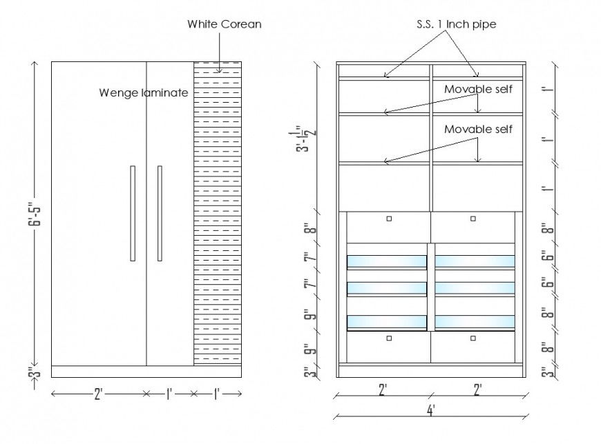 Wardrobe Slider Front Sectional DWG Drawing with Design and Dimensions