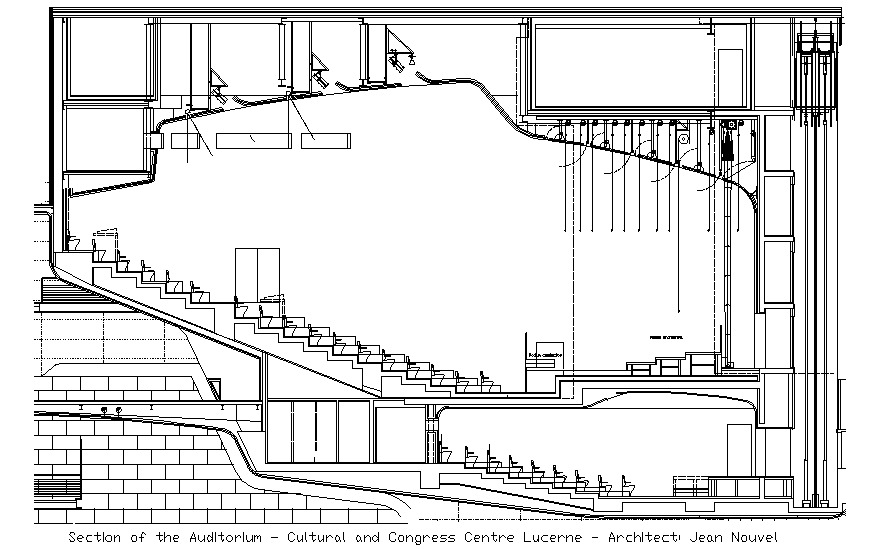Cultural hall and congress center facade sectional view dwg file