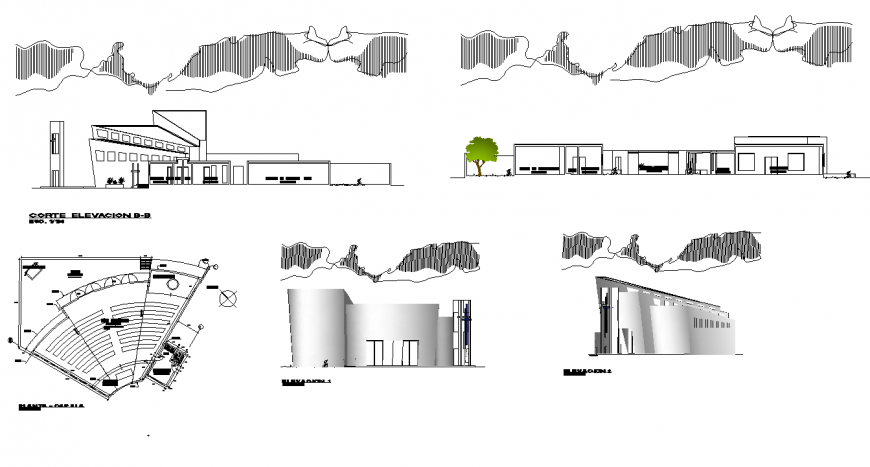 Cultural hall structure detail elevation and plan layout dwg file