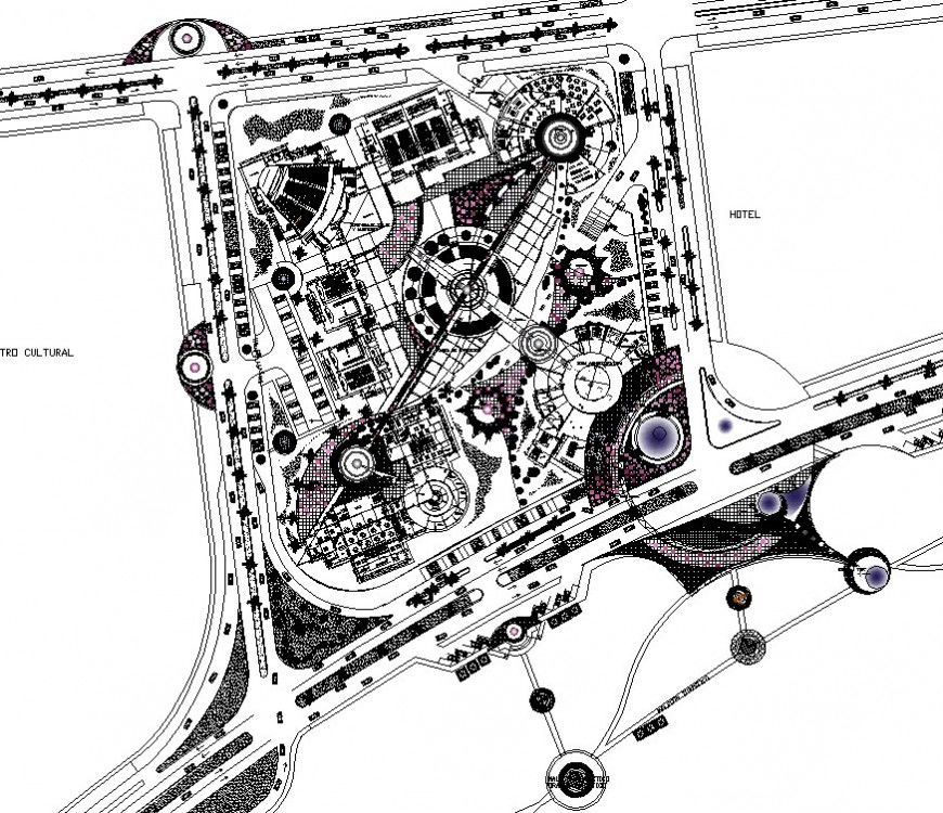 Cultural plaza with auditorium area general plan in auto cad