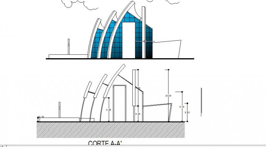 Culture center building main elevation and section details dwg file
