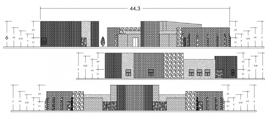 Culture center building three sided elevation drawing details dwg file