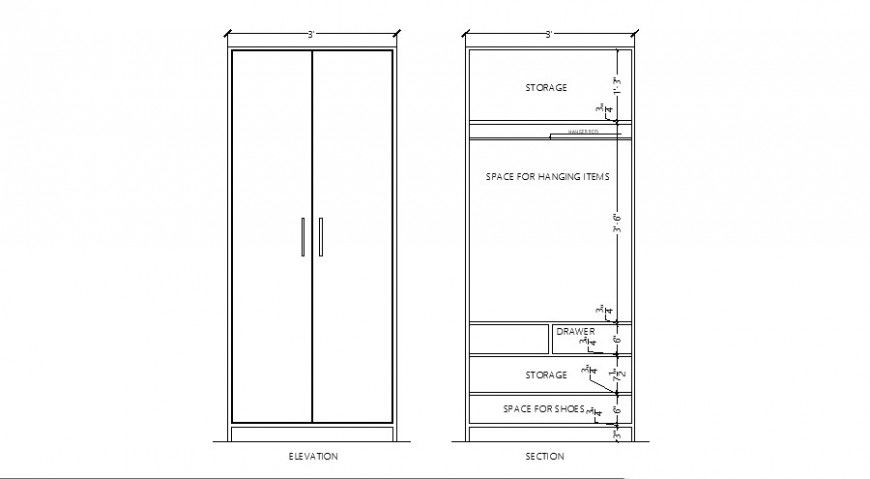 Cupboard 2D Elevation DWG Drawing with Doors and Storage Layout