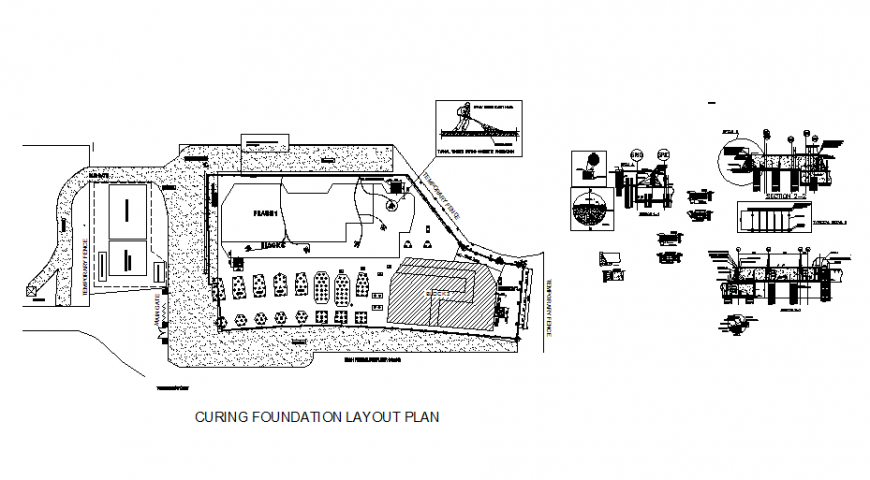 Curing foundation layout plan with constructive structure of industrial plant dwg file
