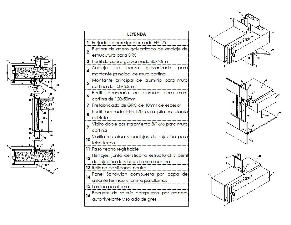 curtain wall section isometric detail