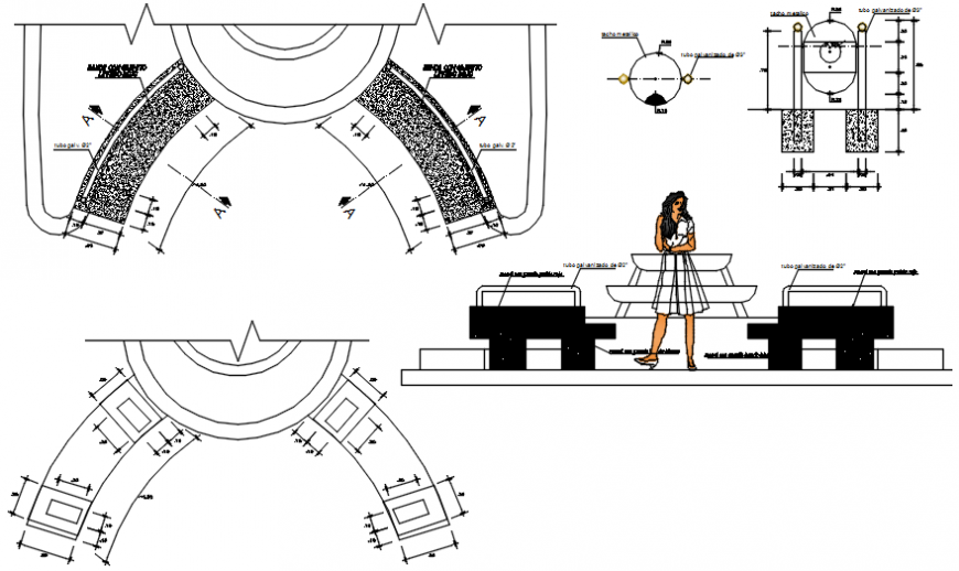 Curved banking furniture Foundation plan and elevation in AutoCAD