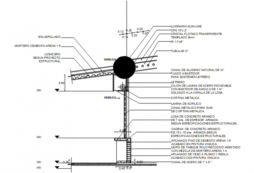 Cut constructive section and construction drawing details of bar dwg file