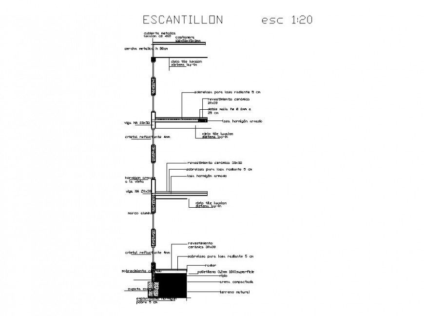 Cut constructive section details of hotel building with footings structure dwg file