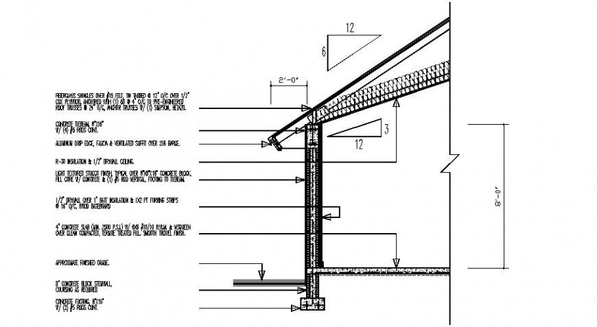 Cut constructive section details of house building dwg file