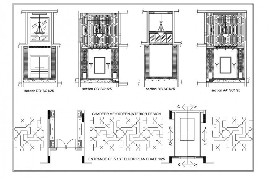 Cut decorative sectional details of residential villa dwg file