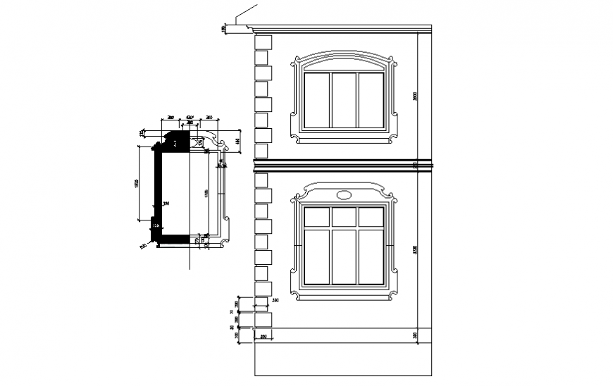 Cut elevation of two-flooring house with window details dwg file