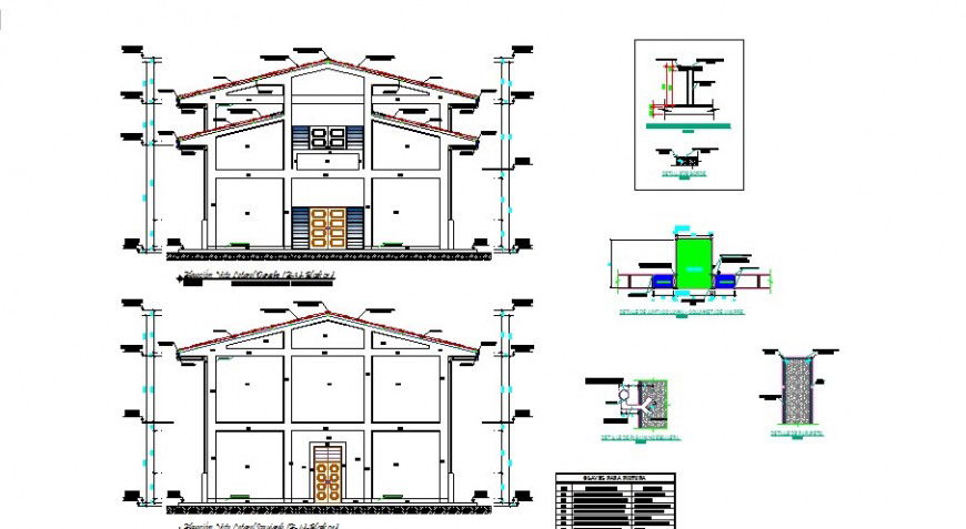 Cut facade and back constructive sectional drawing details of auditorium hall dwg file