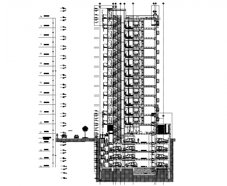 Cut per front section high building plan autocad file