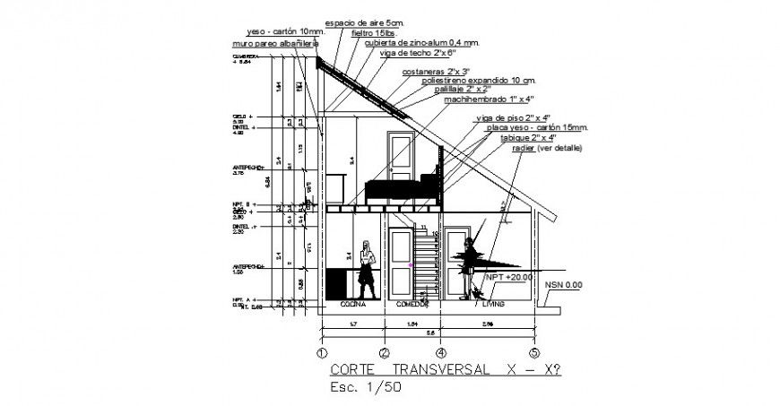Cut transverse constructive section drawing details of house dwg file