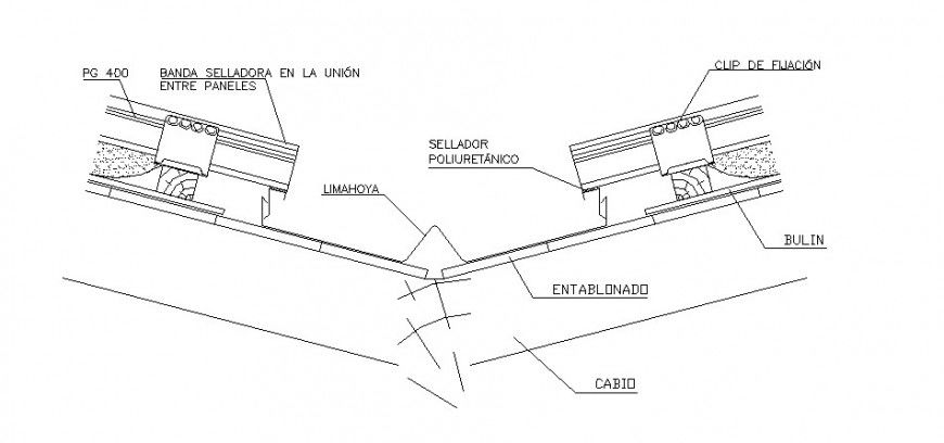 Cut valley roof section and structure cad drawing details dwg file