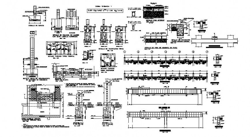 Cut wall blocks with column and beam constructive structure details dwg file