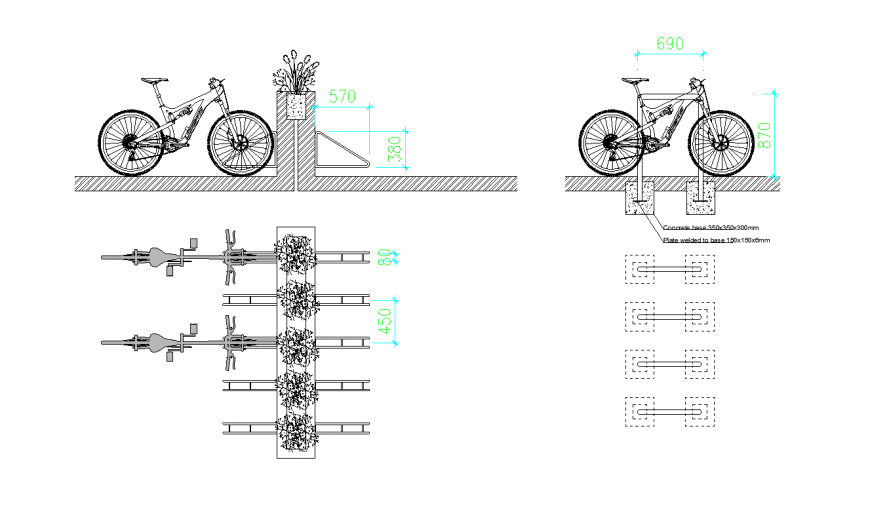 Cycle design with elevation and plan with block of vehicle dwg file
