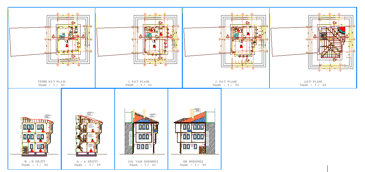Single house design with 3 level floor plans sections and elevation