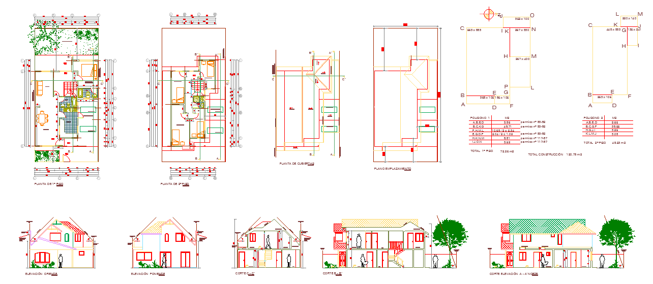 Simple house detail plan with layout sections and full elevations