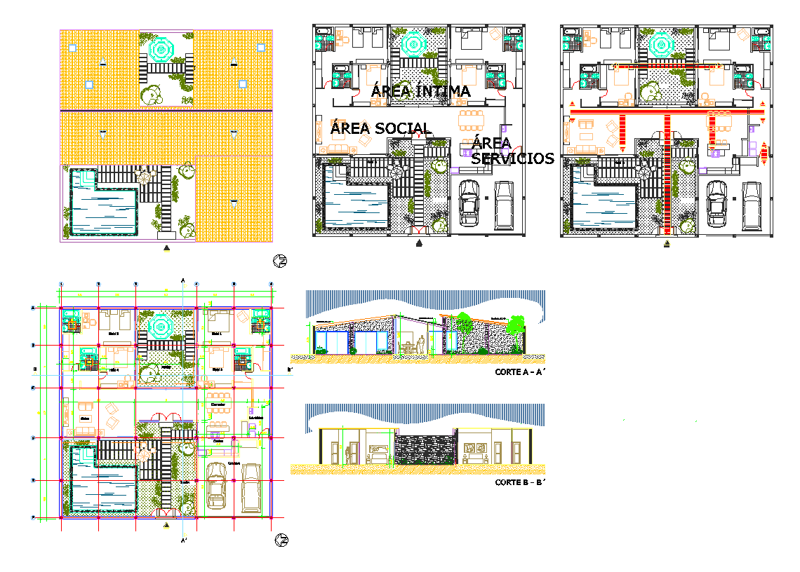 House Design Detail DWG with Full Floor Plans Sections and Landscaping