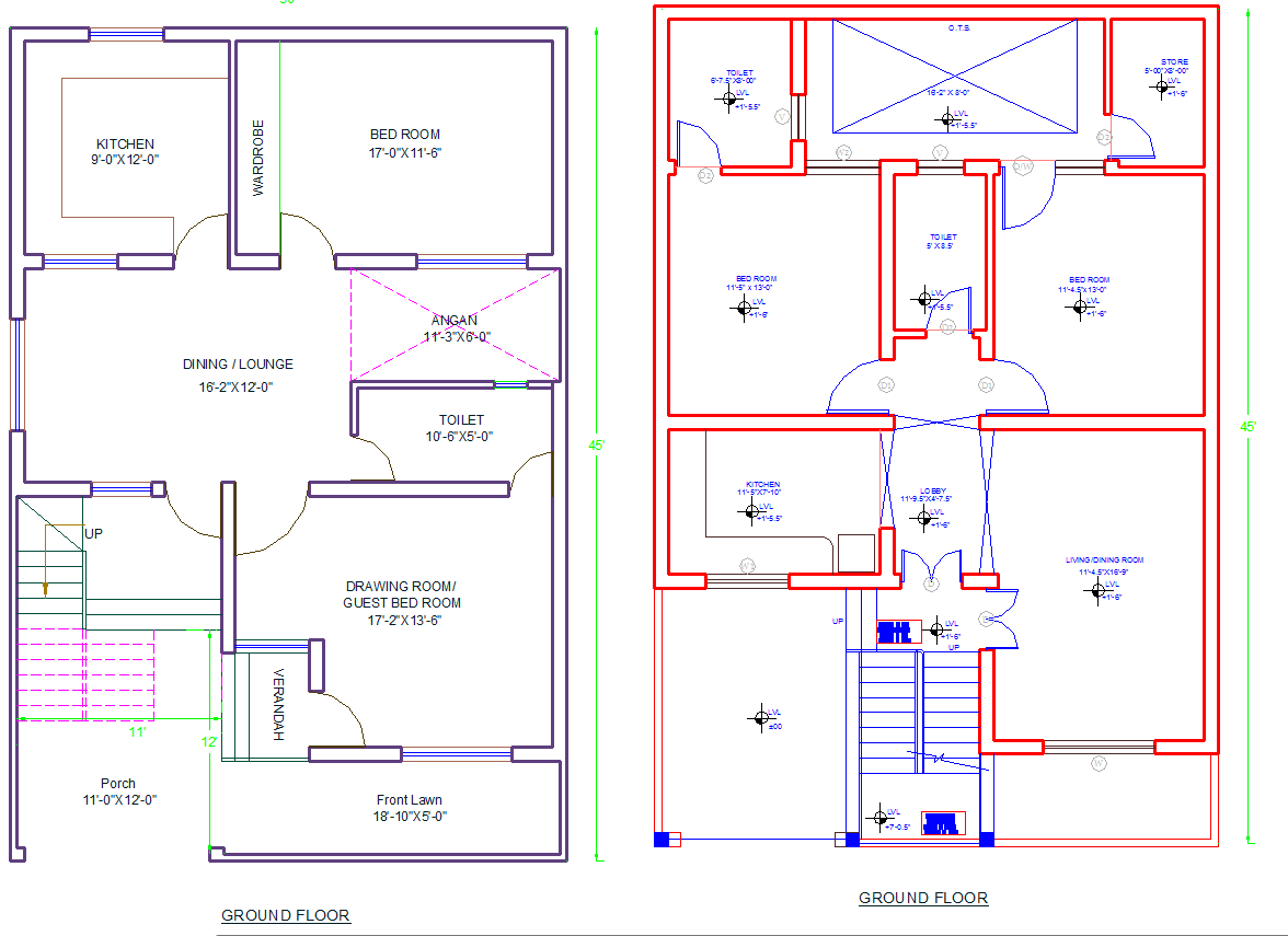 Residential House AutoCAD Plan with Furniture Layout and Dimensions