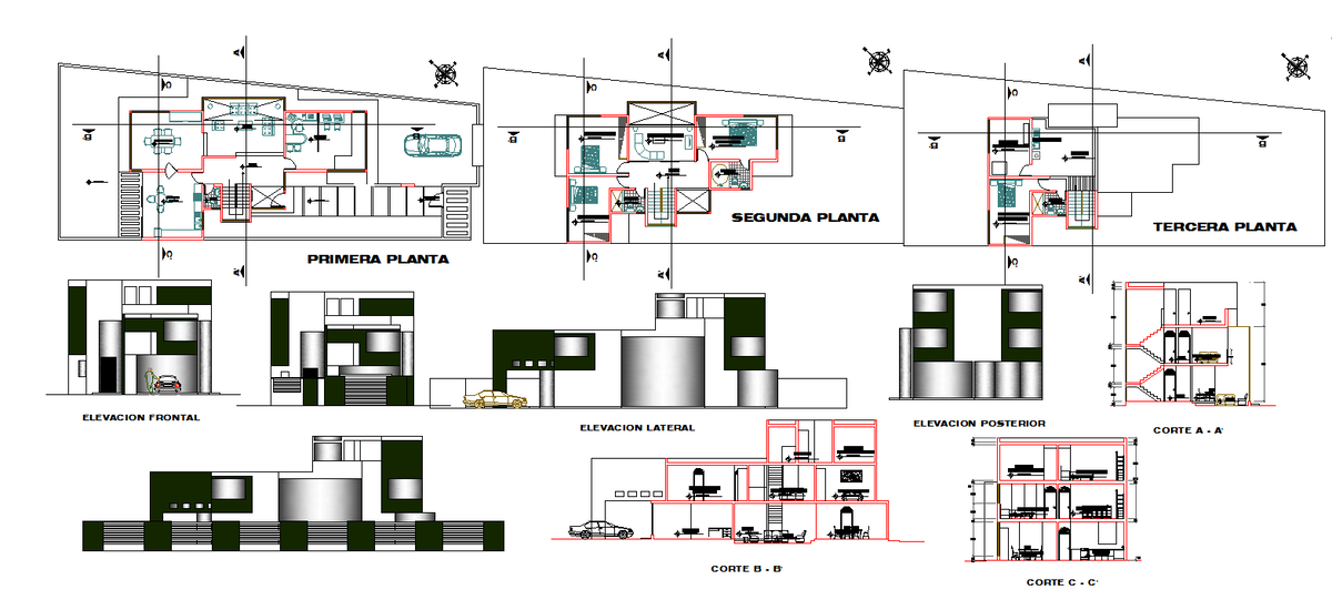 Three Storey Modern House AutoCAD DWG Plan with Elevation and Sections