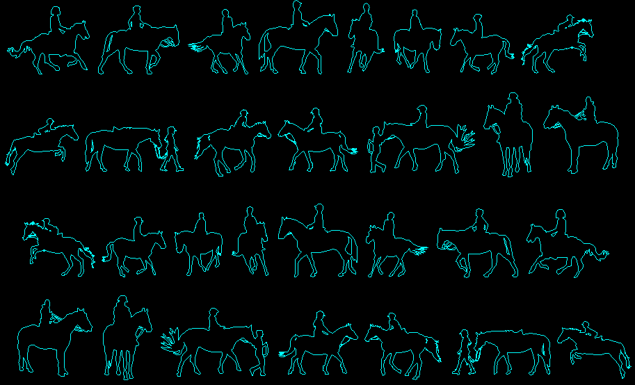 People Horse Riding AutoCAD Drawing with 2D Front View and Poses