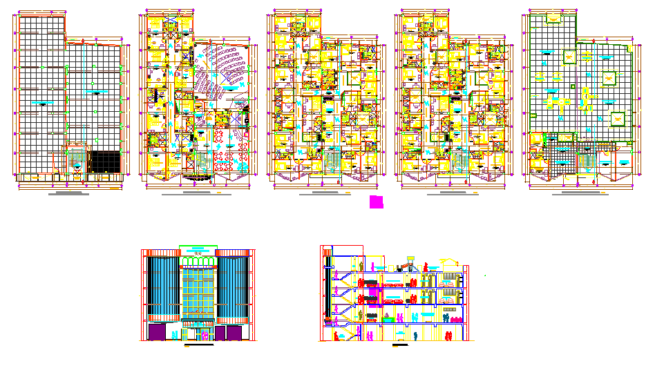 Modern Hotel Design DWG with Full Floor Layouts and Section Details