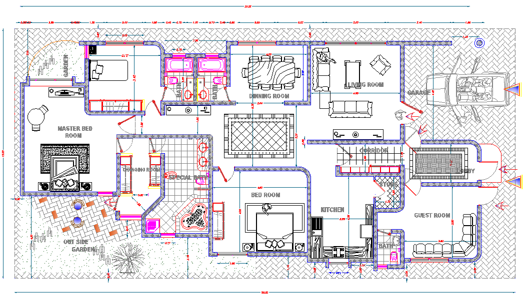 House Floor Plan CAD Drawing with a Furniture Layout Details