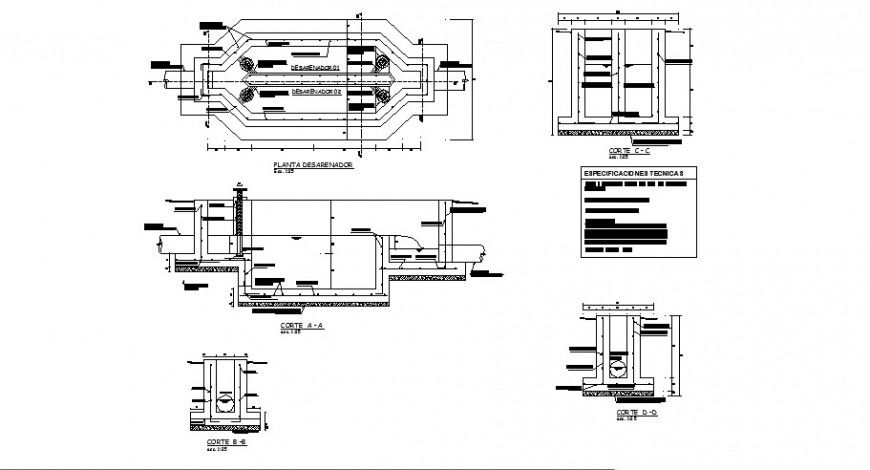 De-sanding plant section, plan and plumbing construction details dwg file