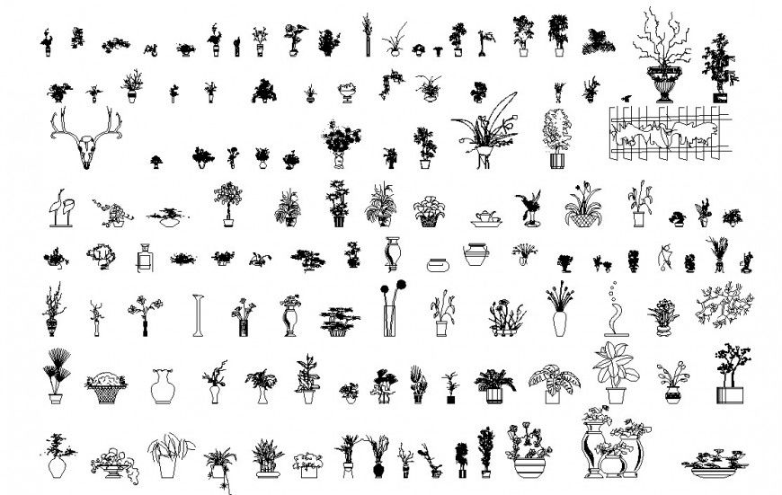 Decorative garden tree plant with vase elevation blocks drawing details dwg file