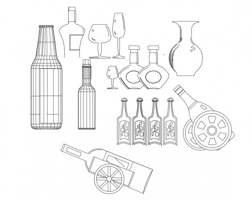 Decorative glass bottles elevation blocks details dwg file