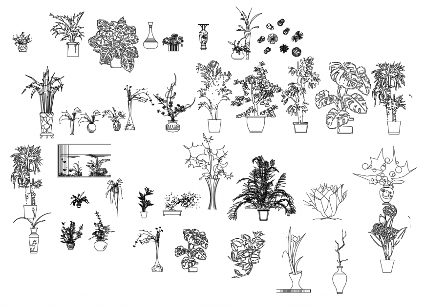 Decorative multiple plants with flower pot blocks cad drawing details dwg file