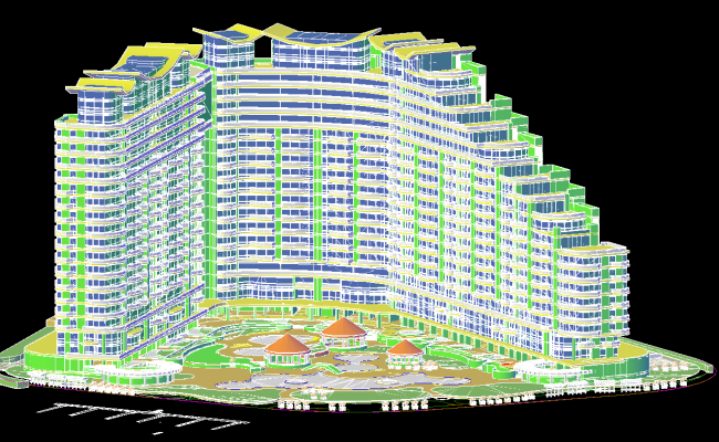3D Hotel Layout CAD Model with 120m Tower and Landscape Details