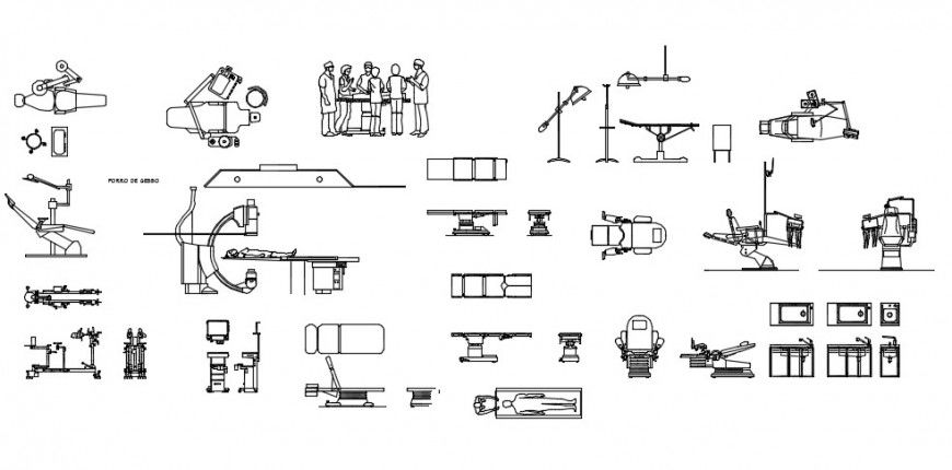 Dentist chair and hospital equipments 2d block detail dwg file