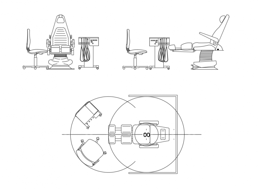 Dentist chair front view, side view and top view cad block design dwg file