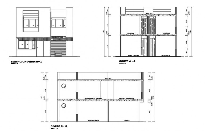 Department store office elevation and section view in auto cad file