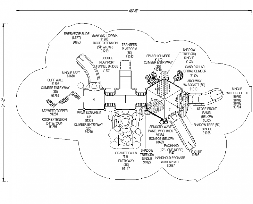 Design of playing area plan with view of hexagonal and rectangular roof area with slide area dwg file