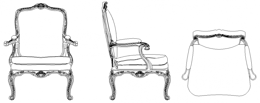 Designer arm chair elevation, side view and plan with furniture view dwg file