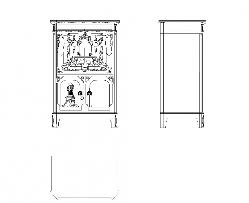 DWG file of designer bookcase with wardrobe elevation and side plan