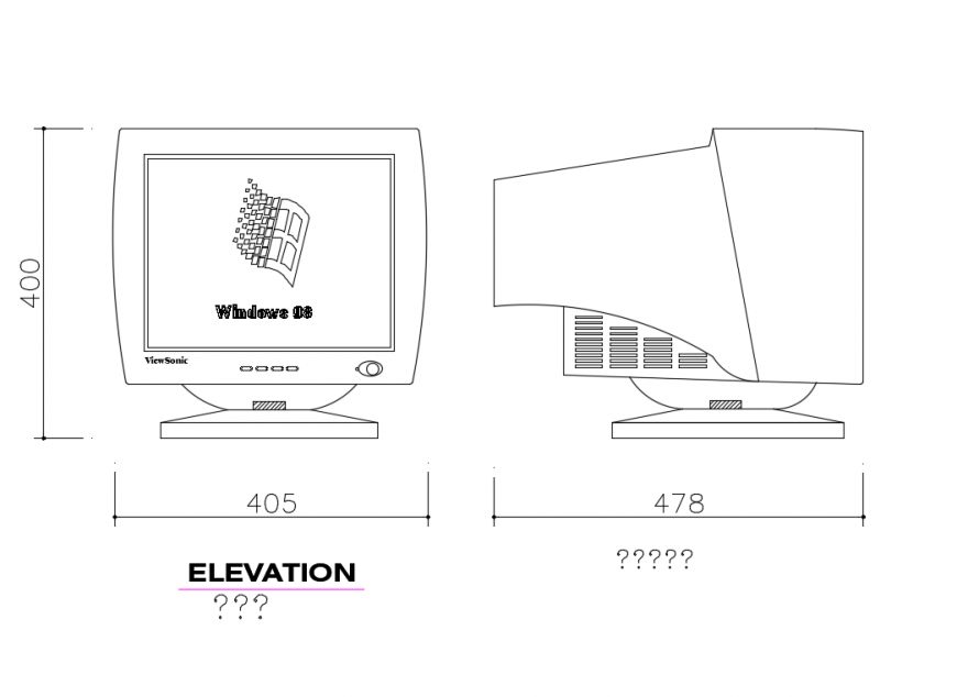 Desktop computer monitor cad block elevation design dwg file