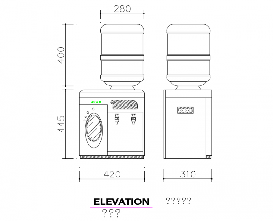Desktop drinking fountains cad front and side view elevation dwg file