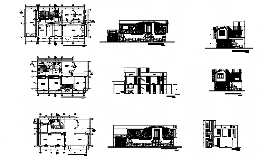 Detached house plan, elevation and section autocad file