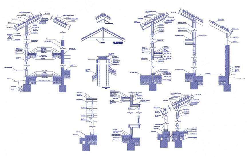 Detail 2d construction block of wall and roof section autocad file
