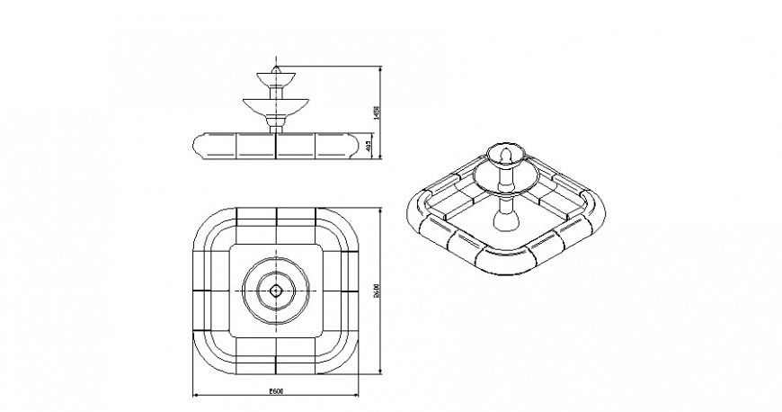 Detail 2d elevation and plan of fountain design layout autocad file