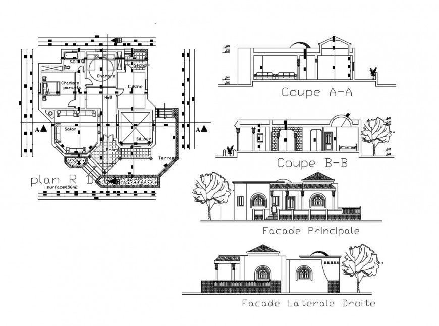 Detail 2d plan, elevation and section of residential house autocad file