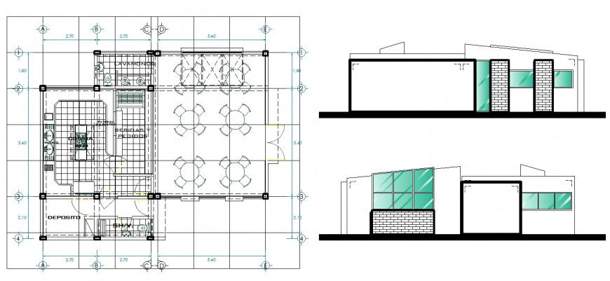 Detail 2d plan of a restaurant building block and elevation detail autocad file