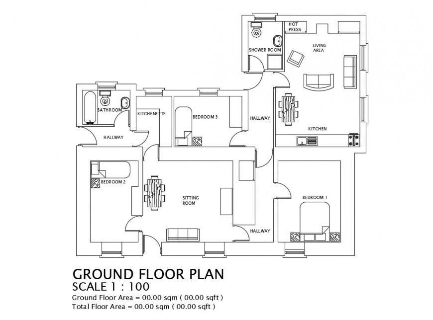 Detail 2d plan of housing structure single story autocad file
