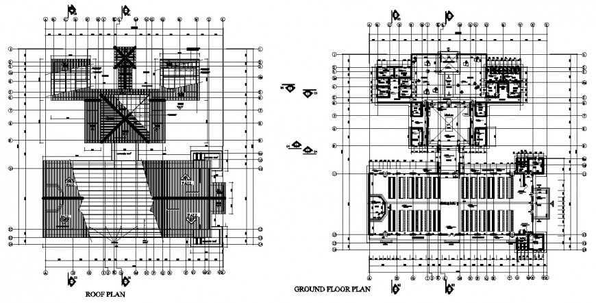 Detail 2d plan of restaurant building with roof block layout file in Autocad format