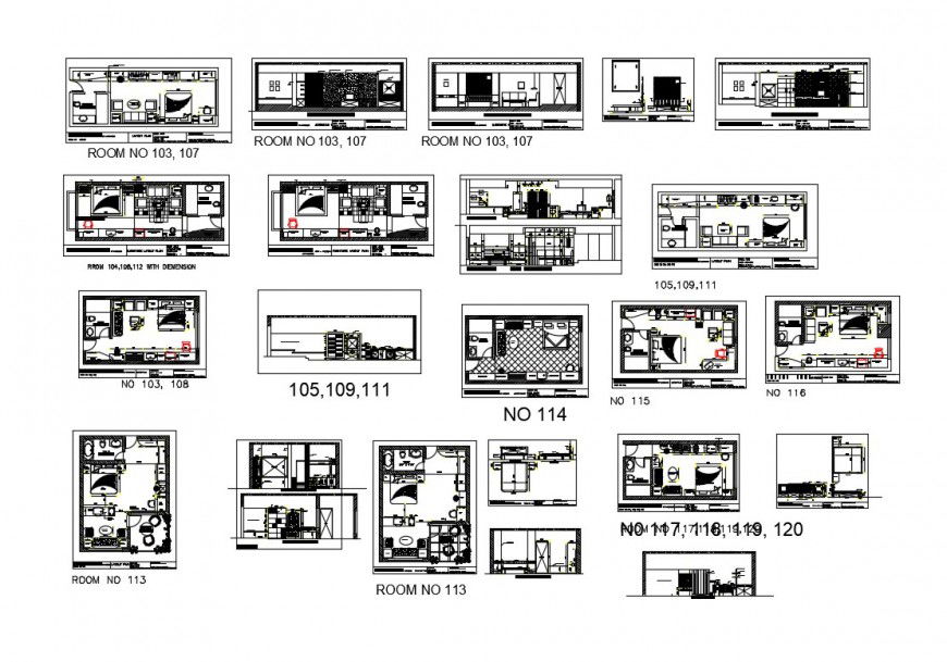 Detail 2d view hotel bedroom plan and elevation block layout file in dwg format